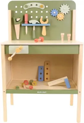 Produktbild von Bandits & Angels Little Worker Retro Grüne Kinderwerkbank aus Holz – Kinderwerkbank aus Holz – Arbeitshöhe 55 cm – Werkzeug und Zubehör inklusive – Stauraum unter der Arbeitsfläche