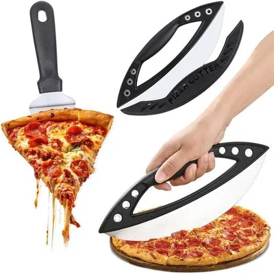 Productafbeelding van Unyqoos® pizzames van 430 roestvrij staal met serveerschep – scherp mes voor moeiteloos snijden en serveren, antisliphandvat, vaatwasmachinebestendig
