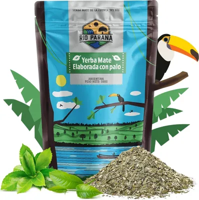 Image de Rio Parana - Thé maté élaboré avec des tiges, 500 g - Traditionnel, doux - Séché à l'air libre - Peu de poussière - Yerba argentine - Vieilli au moins 1 an