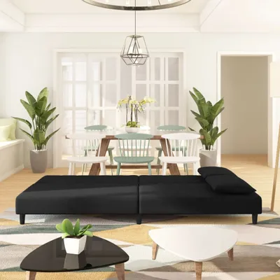 Produktbild von Design Schlafsofa 2-Sitzer mit 2 Kissen Schwarz Samt, Schlafsofas 2024 Neu