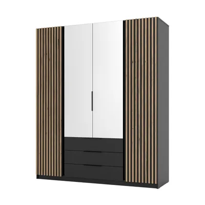 Produktbild von Garderobenschrank KORA V Schwarz mit Lamellentüren, Spiegel, Schubladen - Kleiderschrank für Flur, Schlafzimmer, Ankleideraum mit Stauraum