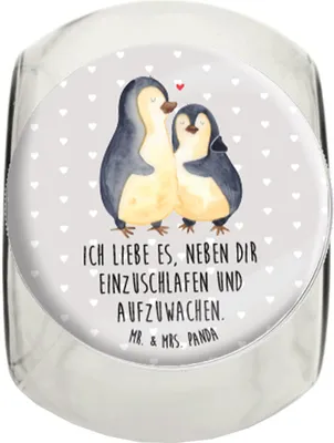 Produktbild von Mr. & Mrs. Panda Frischhaltedose Pinguine Einschlafen XL 2000ml - Grau Pastell - Geschenk, für Frauen, Partner, Freundin, Bonboniere, Hochzeitstag, Freund, Bonbonglas
