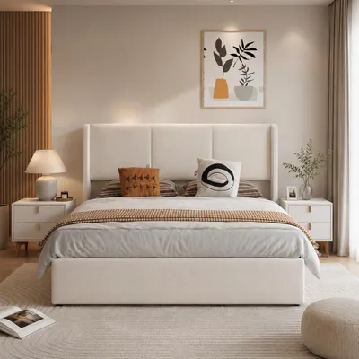 Zdjęcie produktu dla Łóżko tapicerowane INONEFT, 140x190 cm, z pojemnikiem na pościel, łóżko młodzieżowe, podnoszana rama łóżka, podwójne łóżko młodzieżowe, stelaż, pościel, kolor beżowy, Obraz wygenerowany przez AI