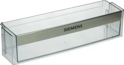 A clear plastic refrigerator shelf insert with a silver metallic accent bar and the Siemens logo printed on it, against a white background.