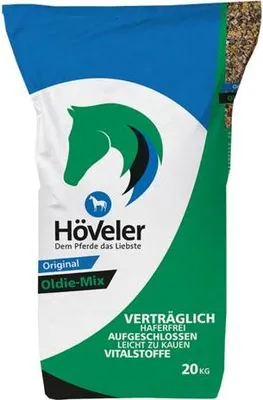 A bag of horse feed with branding and product information.