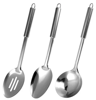 Produktbild von Set aus Edelstahl-Küchenutensilien – Servierlöffel, Sieb und Suppenlöffel