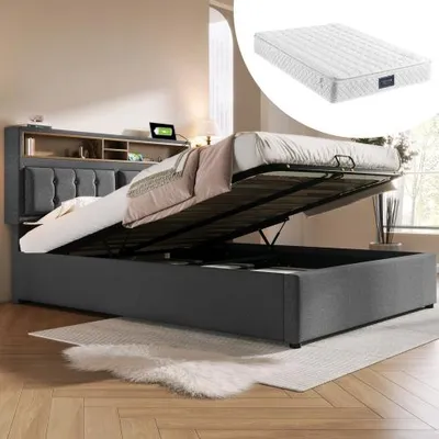 Produktbild von Polsterbett Doppelbett mit USB C Steckdose Ladefunktion Kopfteil,Stauraumbetten Bettgestell aus Leinenmaterial Jugendbett 140x200(Mit Matratze)