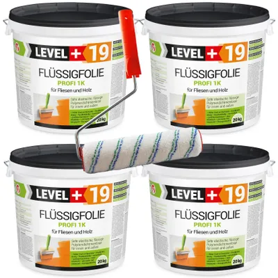 Zdjęcie produktu dla Folia w płynie zewnętrzna na drewno na płytki Level+ FLÜSSIGFOLIE PROFI 1K L+19 80 kg + Wałek Malarski 25cm