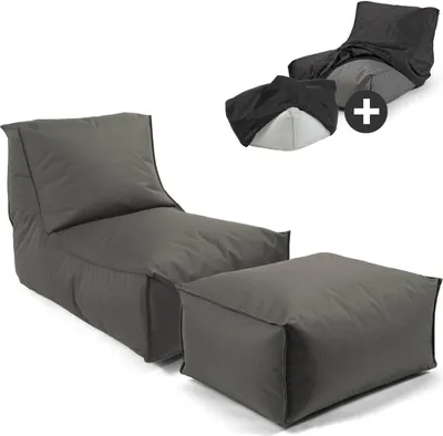 Produktbild von mokebo® Sitzsack mit Hocker und Schutzhülle für Kinder & Erwachsene 'Der Sundowner', Bean Bag mit Füllung oder Bodenkissen für Indoor & Outdoor, auch als Liegekissen oder Liege in Anthrazit