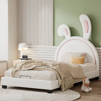 Produktbild von Merax Čalouněná postel 90x200 cm s čelem z králičího ucha a rošty, postel pro mládež Dětská postel Jednolůžko z umělé kůže, pro děti i dospělé, bílá