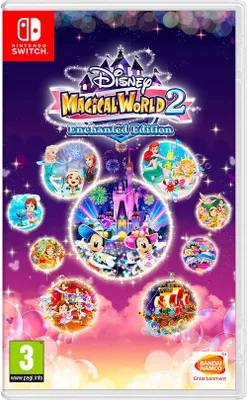 The image is a product packaging for a Nintendo Switch game titled 'Disney Magical World 2 Enchanted Edition'. It features various Disney characters and scenes arranged in a circular collage around the game title and a castle.