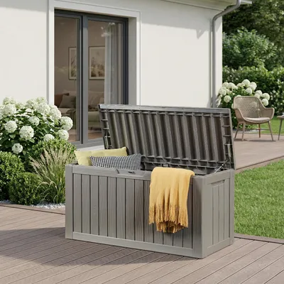 Produktbild von Outdoor-Aufbewahrungsbox 'Vades' 117 x 47 x 59 cm 300 L abschließbar Hellgrau, Holzoptik