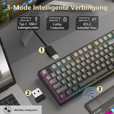 Produktbild von Light87 Mechanische Gaming-Tastatur: 87 Tasten, Tri-Mode, RGB, PBT, Blauwal Switch, Hot-Swap, 8000mAh