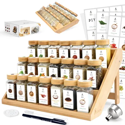Produktbild von Gewürzgläser Set - 21 x 120 ml quadratische Gewürzgläser mit 2‑in‑1 Bambusregal - Borosilikatglas - FSC‑Bambus - 120 Etiketten - BPA‑frei - Dunkelkhaki