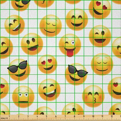 Image de ABAKUHAUS Emoji Microfibre en tissu au mètre, illustration de visage souriant, heureux, surpris, cool, amoureux, baiser, 2 m (230 x 200 cm), noir, jaune, rouge