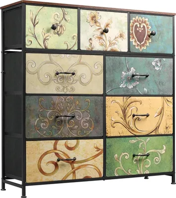 Image de Commode, buffet – Armoire avec tiroirs – 9 tiroirs, 100 x 30 x 100 cm, en acier et en bois, style rétro moderne, idéale pour le salon et la chambre