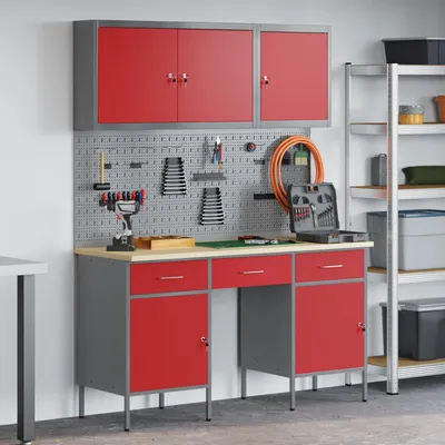 Image de vidaXL Établi avec tiroirs 10 pièces Rouge Ingénieurs Bois et acier