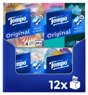Obrázek produktu pro Tempo Original, kostička kapesníků – mega balení – 12 kusů, 60 kapesníků v balení – extra pevné, měkké papírové kapesníky, vhodné do pračky – velikost 60 kusů (balení po 12), originální, čtyřvrstvé kostičky