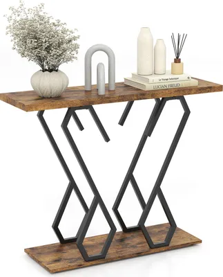 A console table with decorative items on top, set against a white background.