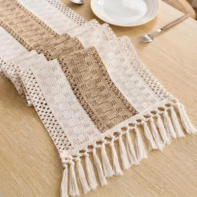 Imagen del producto de Mantel individual de macramé, algodón y lino, 30 x 183 cm, con flecos, para comedor