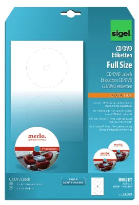Produktbild von SIGEL LA501 CD-/DVD-Etiketten, weiß, spezialbeschichtet, mit Zentrierhilfe, Ø 117 mm (A4), 50 Et.=25 BL