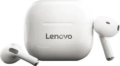 A white Lenovo wireless in-ear Bluetooth headset with its charging case.