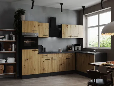 Produktbild von Küche Küchenzeile Winkelküche Grau Matt Artisan Eiche Oliver 280x172 cm Respekta