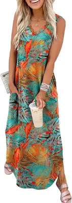 Productafbeelding van Mouwloze maxi-jurk voor dames met zijzakken en regenboogprint, losvallend zomermodel