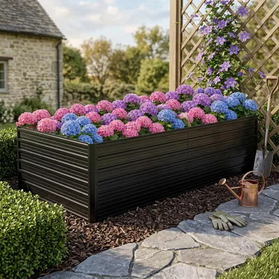 Obrázok produktu pre Kovový vyvýšený záhon, rozmer 219x112x64 cm, otvorený spodok, určený na vysoké zaťaženie, odolný voči poveternostným vplyvom a korózii, vhodný na pestovanie zeleniny a kvetín. Čierna farba