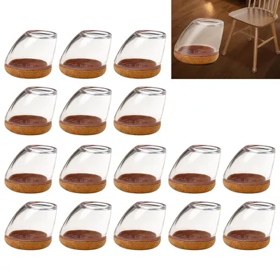 Produktbild von 16 Stück Stuhlbeinkappen, Silikon Schutzkappen für Stuhlbeine, Transparente Rund mit Braun Filz für 15°-25°schräge Stuhlbeine, Stühle (S Fit:14-20mm)