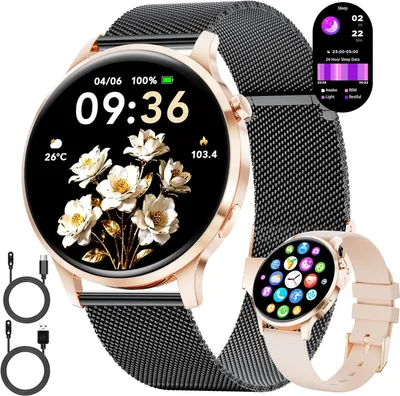 Produktbild von LIGE Smartwatch Damen Rund mit Telefonfunktion 7,9mm Dünn 1.32" AMOLED Elegant Fitnessuhr Frauen für Android iOS,Sportuhr mit Herzfrequenz Schlafmonitor,Menstruationszyklus,100+ Sportmodi,Schwarz-Gold