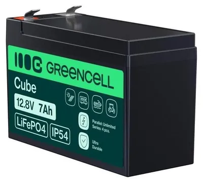 Produktbild von Green Cell LFPGC12V7AH, Lithium-Eisen-Phosphat (LiFePO4), 12,8 V, Schwarz, Grün, 7 Ah, 89,6 Wh, 10 Jahr(e)