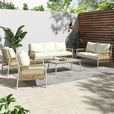 Image de Ensemble de mobilier de jardin en acier, verre et imitation bois, réglable