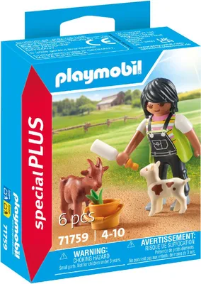 A Playmobil box showing a farmer figure feeding a goat and a calf.