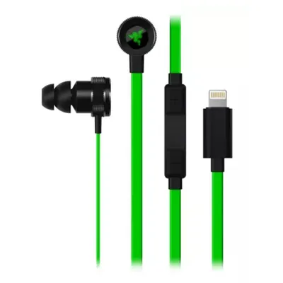 A pair of black and green Razer Hammerhead in-ear headphones with a Lightning connector.
