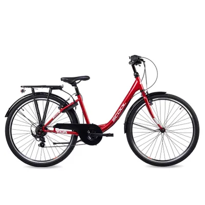 A red bicycle is shown against a white background.