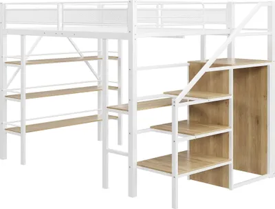 Produktbild von Modulares Bett Hochbett Metall Schreibtisch Kleiderschrank Stauraum Sicherheitstreppe 140 x 200 cm Weiß