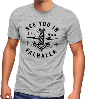 Produktbild von Herren T-Shirt See you in Valhalla Valknut Mjölnir Thor Hammer Fashion Streetstyle Neverless® grau M