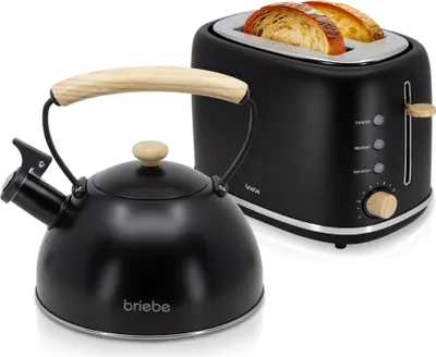 Zdjęcie produktu dla Briebe SKT1177BLK Nordic Set Toster na 2 kromki z szerokimi szczelinami + Czajnik Indukcyjny 2,3 L Czarny
