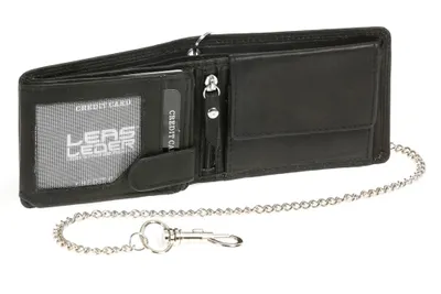 Produktbild von LEAS Mini-Bikerbörse mit Riegel im Querformat mit Chrom-Kette Trucker Echt-Leder, schwarz Chain-Series