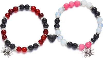 Produktbild von 1 Paar Spinnenanhänger Herz Magnetische Saugnapf Paar Armband Halloween Elastische Bunte Perlen Armbänder Schmuck Geschenk