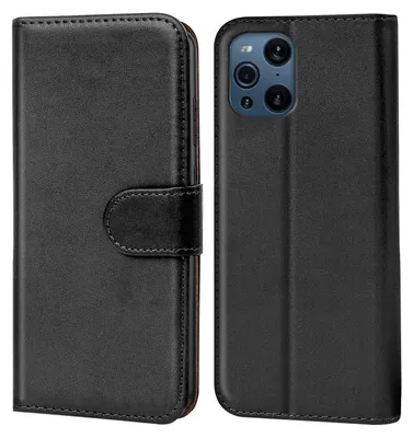 A black leather flip case for a smartphone is shown open, displaying the inside of the case and the back of the phone with its camera array.