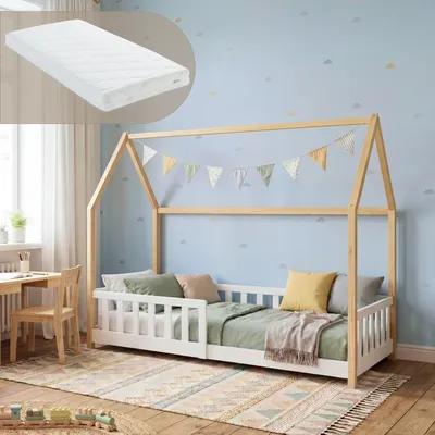Productafbeelding van Kindercamabed "Hesel" met matras en valbeveiliging, 90 x 200 cm, van grenenhout, wit/naturel