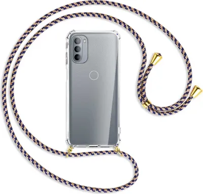 Produktbild von Handykette Backcover-Schutzhülle mit Band (Metall goldfarben) für Motorola Moto G31, Moto G41 - blau+beige