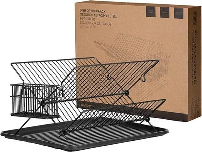 Image de Support égouttoir pliable pour vaisselle Unyqoos®, finition noir mat, en métal, dimensions 36,5 x 30,5 x 22 cm, avec support à couverts et bac de récupération en plastique