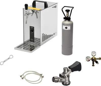 A collection of beer dispensing equipment, including a cooler, CO2 tank, regulator, and tap.