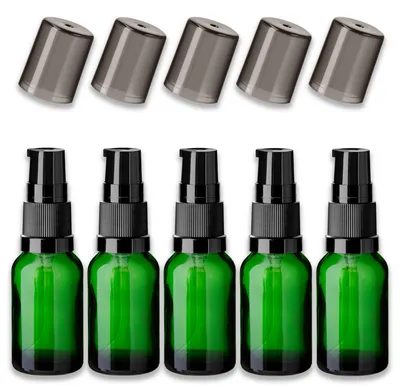 Produktbild von 5x Grüne Glasflasche 15 ml mit schwarzer Pumpe Dispenserpumpe für Öl