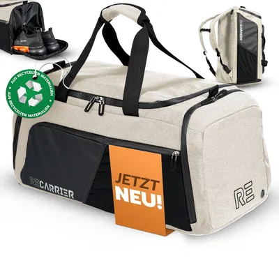 Produktbild von RECARRIER Sporttasche [RECYCELTES PET] 50L – Gym Bag und Rucksack in Einem – wasserdichte Reise- und Trainingstasche mit Schuhfach - Savanna beige