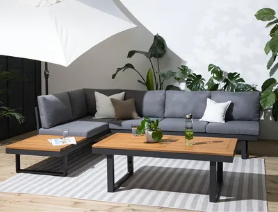Produktbild von home24 Loungeset - Webstoff / Akazie / Aluminium - 3-teilig - Höhenverstellbar