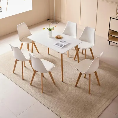Obrázok produktu pre Jedálenská sada: 1 stôl, 4 stoličky, rozmer 110x70x75 cm, obdĺžnikový tvar, materiál: drevo, MDF, povrchová úprava: PU, farba: biela